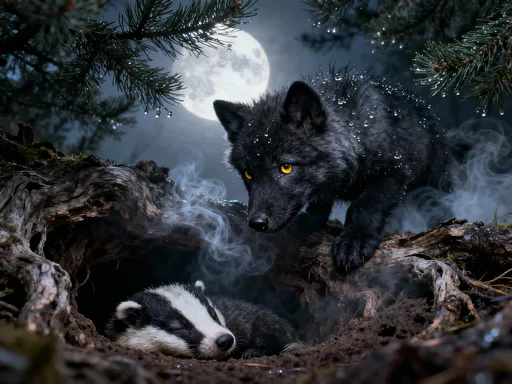 Prompt: A small black wolf cub with a fluffy, charcoal-gray fur and innocent golden eyes peers enchanted into a burrow where a baby badger sleeps. This hyper-realistic wildlife photograph, shot from an extremely low angle, is aimed at the cub. Silvery moonlight filtering through dense spruce branches creates dramatic chiaroscuro, a complex composition that reveals water particles on the fur, as well as mist swirling around the roots of ancient trees—a symbolic depiction of transformation and destiny. The soul of 8K, incredible detail in the fur textures, and an emotional atmosphere that combines wonder and melancholy.