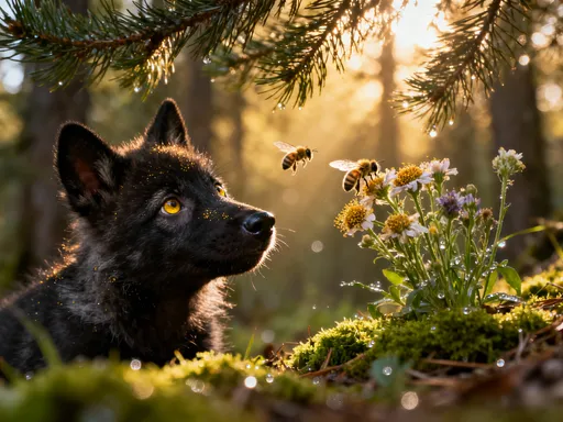 Prompt: A small black wolf cub with plush charcoal-gray fur and wide, curious golden eyes tilts its head in wonder, captivated by a cluster of wildflowers where honeybees hover, hyper-realistic wildlife photography style, extreme low-angle perspective from the forest floor, golden morning light streaming through dense spruce branches creates dappled chiaroscuro patterns, intricate details of pollen dust on petals and individual strands of the cub's sunlit fur, shallow depth of field with soft bokeh highlighting the delicate interaction, lush green moss and dewdrops sparkling in the background, 8K resolution revealing every texture from fuzzy ears to translucent bee wings, heartwarming atmosphere blending innocence and discovery.