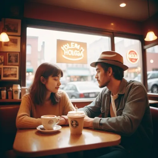 Prompt: Holga photography, couple in a coffee shop, low-fidelity dreamy aesthetic, flare, low quality, analog photography