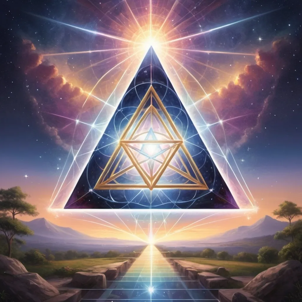 Prompt:  Enter a tranquil, luminous sanctuary where the star tetrahedron serves as a gateway to the sacred realm of geometry, offering a profound understanding of the interconnectedness of all things As a background a crystal skyline 