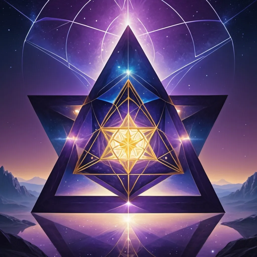 Prompt:  Enter a tranquil, luminous sanctuary where the star tetrahedron serves as a gateway to the sacred realm of geometry, offering a profound understanding of the interconnectedness of all things As a background a crystal skyline 