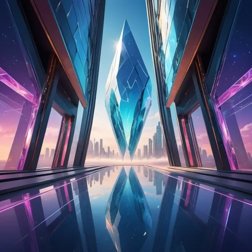 Prompt: Step through the shimmering portal into a realm where the future unfolds in vibrant hues. Futuristic architecture soars towards the heavens, its sleek lines and geometric patterns reminiscent of a crystalline diamond. The skyline transforms into a breathtaking masterpiece, each building a shimmering jewel reflecting the luminous ocean below