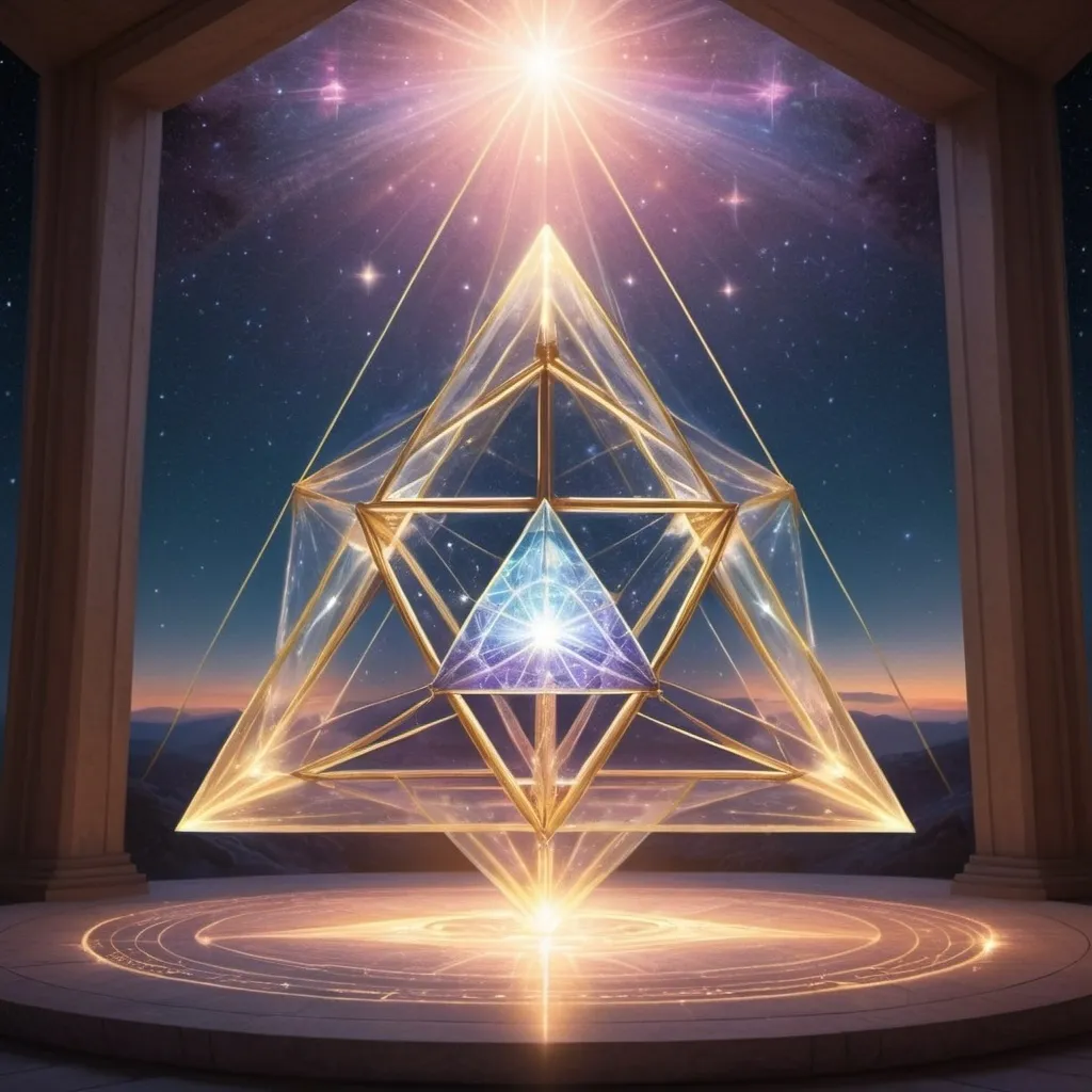 Prompt:  Enter a tranquil, luminous sanctuary where the star tetrahedron serves as a gateway to the sacred realm of geometry, offering a profound understanding of the interconnectedness of all things As a background a crystal skyline 