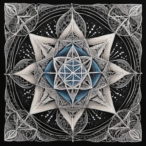 Prompt: Beyond its visual allure, the zentangle Merkaba serves as a beacon of serenity and balance. The intricate patterns within the zentangles are carefully crafted to guide the mind into a state of relaxation and focus. As you trace the lines with your eyes, you find yourself drawn into a deeper state of mindfulness, where the worries of the world fade away, leaving only the soothing glow of the bioluminescent light