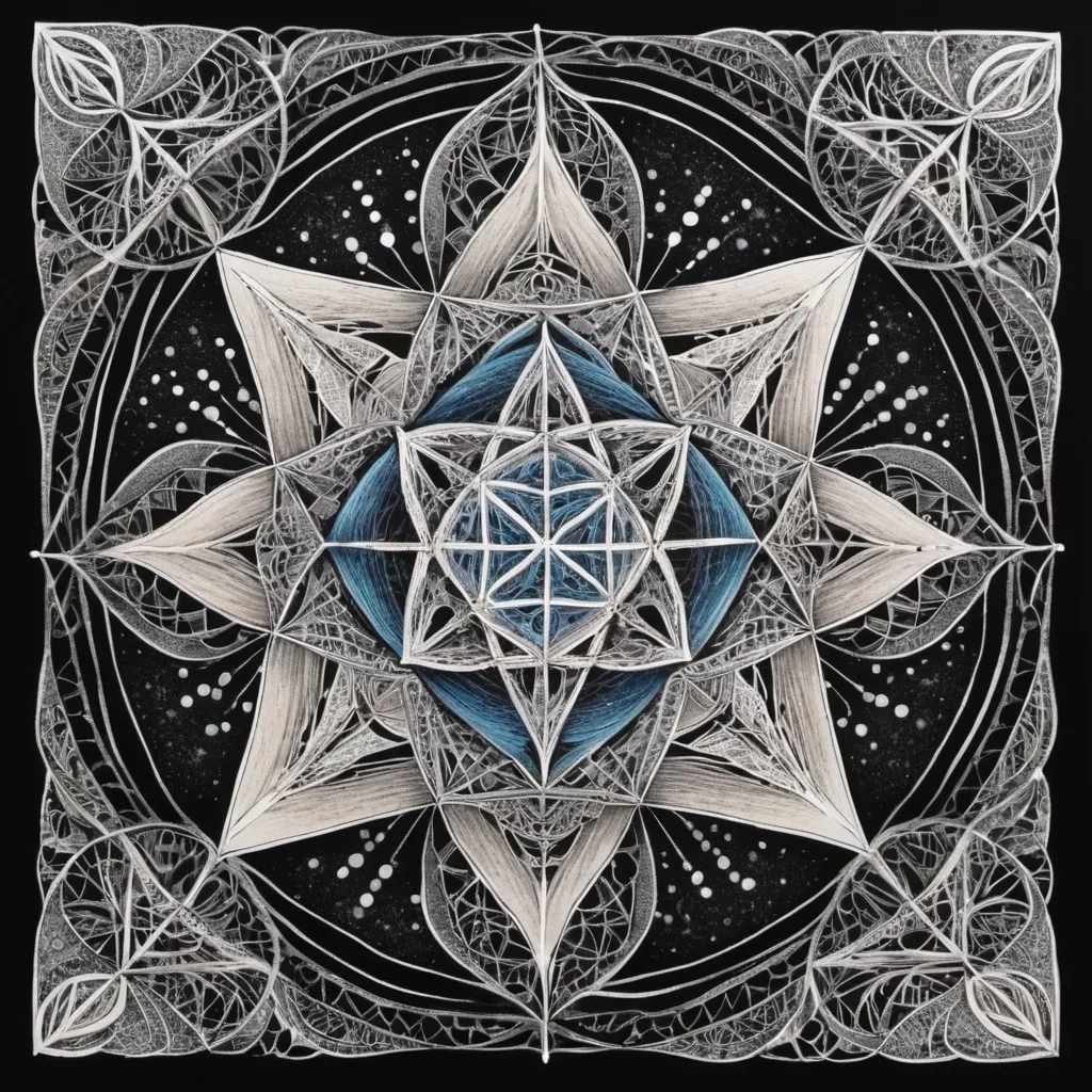 Prompt: Beyond its visual allure, the zentangle Merkaba serves as a beacon of serenity and balance. The intricate patterns within the zentangles are carefully crafted to guide the mind into a state of relaxation and focus. As you trace the lines with your eyes, you find yourself drawn into a deeper state of mindfulness, where the worries of the world fade away, leaving only the soothing glow of the bioluminescent light