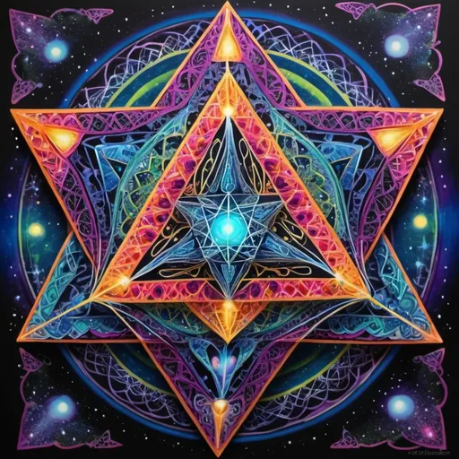 Prompt: A radiant star tetrahedron, vibrant bioluminescent hues, mesmerizing Merkaba, swirling Zentangle patterns, transporting to a dimension where spirit and matter converge, ethereal atmosphere, high consciousness theme, intricate geometric designs, celestial glow, deep cosmic colors, otherworldly ambiance, high contrast and high saturation, mystical aura, ultra-detailed, 4K.