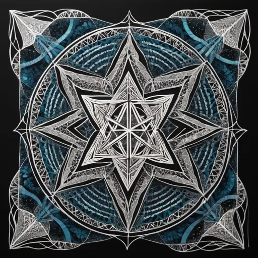 Prompt: Beyond its visual allure, the zentangle Merkaba serves as a beacon of serenity and balance. The intricate patterns within the zentangles are carefully crafted to guide the mind into a state of relaxation and focus. As you trace the lines with your eyes, you find yourself drawn into a deeper state of mindfulness, where the worries of the world fade away, leaving only the soothing glow of the bioluminescent light