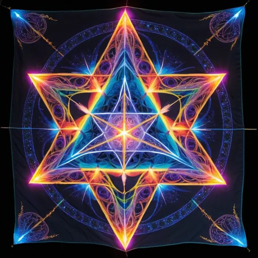 Prompt: This dazzling star tetrahedron Merkaba is an orchestral celebration of color and light. Bioluminescent tendrils dance across its surface, weaving a tapestry of sacred geometry. As the patterns shift and evolve, they generate a harmonious resonance, attuning you to the celestial music of the universe.