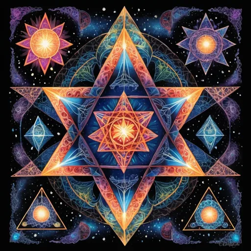 Prompt: A radiant star tetrahedron, vibrant bioluminescent hues, mesmerizing Merkaba, swirling Zentangle patterns, transporting to a dimension where spirit and matter converge, ethereal atmosphere, high consciousness theme, intricate geometric designs, celestial glow, deep cosmic colors, otherworldly ambiance, high contrast and high saturation, mystical aura, ultra-detailed, 4K.