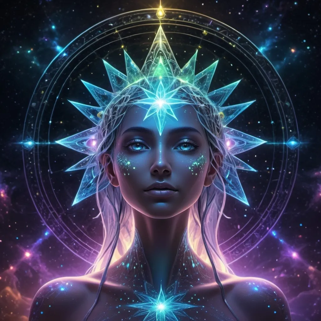 Prompt:  Picture a luminous, iridescent Merkaba that bridges the gap between dimensions, allowing you to access hidden knowledge, communicate with higher beings, and navigate the vast expanse of the multiverse. Inside a bioluminescent head 