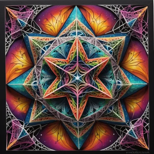 Prompt: Imagine a **colorful bioluminescent zentangle Merkaba** as a cosmic dance of light and geometry. The star tetrahedron, the Merkaba’s three-dimensional structure, pulses with vibrant hues, creating a mesmerizing visual symphony. Each facet of the star gleams with intricate zentangle patterns, their shapes shifting and swirling as if alive. The luminous colors blend seamlessly, a kaleidoscope of shadows that ripple across surfaces, captivating anyone who beholds it