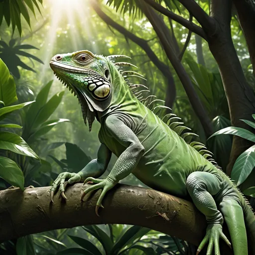 Prompt: Can you create an image of a green iguana sitting on a sturdy tree branch, its dark green skin allowing it to blend seamlessly into the surrounding jungle environment. The texture of its scales adds depth, reflecting the dappled sunlight filtering through the lush canopy above. 

Around the iguana, the jungle is alive with varied vegetation: tall trees stretch towards the sky, their trunks thick and gnarled. Below, ferns unfurl their delicate leaves, creating a carpet of green, while bright tropical flowers—yellows, reds, and purples—pop against the rich greenery.

On the ground, you can see smaller plants with oversized leaves, and perhaps a few orchids clinging to the trees. The air is thick with humidity, and the sounds of the jungle—chirping birds, rustling leaves, and distant animal calls—fill the atmosphere.

As the iguana basks comfortably in the sunlight, with its long tail draped down the branch or rock, it looks perfectly at home in this vibrant, natural setting.