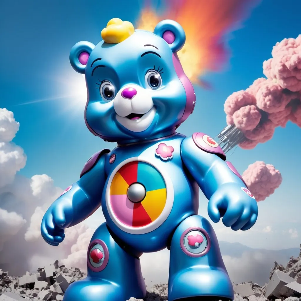 Prompt: care bear with cyborg face, low angle, atomic explosion background