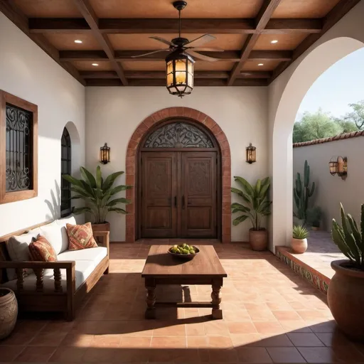 Prompt: Design a Mexico mission-style single-story home with the following layout:

- Total Homesite: 5382 sq ft (82 ft x 82 ft)
- Total House Area: 4306.56 sq ft (66 ft x 66 ft)

Rooms and their dimensions:

1. Living Room: 1,076.4 sq ft (33 ft x 33 ft)
2. Kitchen: 688.896 sq ft (26.25 ft x 26.25 ft)
3. Bedroom: 864.552 sq ft (29.4 ft x 29.4 ft)
4. Dining Room: 688.896 sq ft (26.25 ft x 26.25 ft)
5. 3-Season Office Room: 488.896 sq ft (22.1 ft x 22.1 ft)
6. Bathroom: 300 sq ft (approx. 17.32 ft x 17.32 ft)
7. Closet: 200 sq ft (approx. 14.14 ft x 14.14 ft)

Design Details:

- The home should have a traditional Mexican mission style with stucco walls, red clay roof tiles, and arched doorways and windows.
- The living room should be centrally located with large windows and high ceilings.
- The kitchen should be adjacent to the living room with traditional Mexican tiles and rustic wooden cabinetry.
- The bedroom should be spacious with a large window and traditional Mexican decor.
- The dining room should be close to both the kitchen and living room for easy access.
- The 3-season office room should have large windows and be adaptable for different weather conditions.
- The bathroom should have classic Mexican tiles and a spacious shower area.
- The closet should be walk-in, adjacent to the bedroom.

The exterior should include a small patio area within the remaining homesite space (1,075.44 sq ft), with a garden featuring native Mexican plants and a decorative fountain.

Show  4 rooms