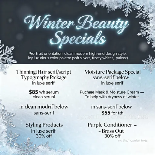 Prompt: Create a professional, elegant winter-themed spa and hair-care promotional flyer sized 8.5x11” in portrait orientation. Use an icy, luxurious color palette: soft silvers, frosty whites, pale blues, and delicate snowflake accents. Clean, modern, high-end design style.

Header: “Winter Beauty Specials” in elegant serif or script typography with a soft frosty glow.

Include the following promotion sections laid out beautifully and clearly:

Thinning Hair Treatment Package
$85 with free serum.

Moisture Package Special
Purchase Mask & Moisture Cream
To help with dryness of winter
$55 for both

Styling Products
30% off

Purple Conditioner – Brass Out
30% off

Design notes:
	•	Use clean spacing and balanced layout.
	•	Add subtle snowflakes, frosted edges, and soft gradient backgrounds.
	•	Use elegant fonts: a mix of a luxe serif for headers and a clean modern sans-serif for details.
	•	Avoid clutter; keep it high-end and winter-spa inspired.
	•	Leave margins for printing.*

No watermarks, no placeholder text. Produce as a complete finished flyer.

