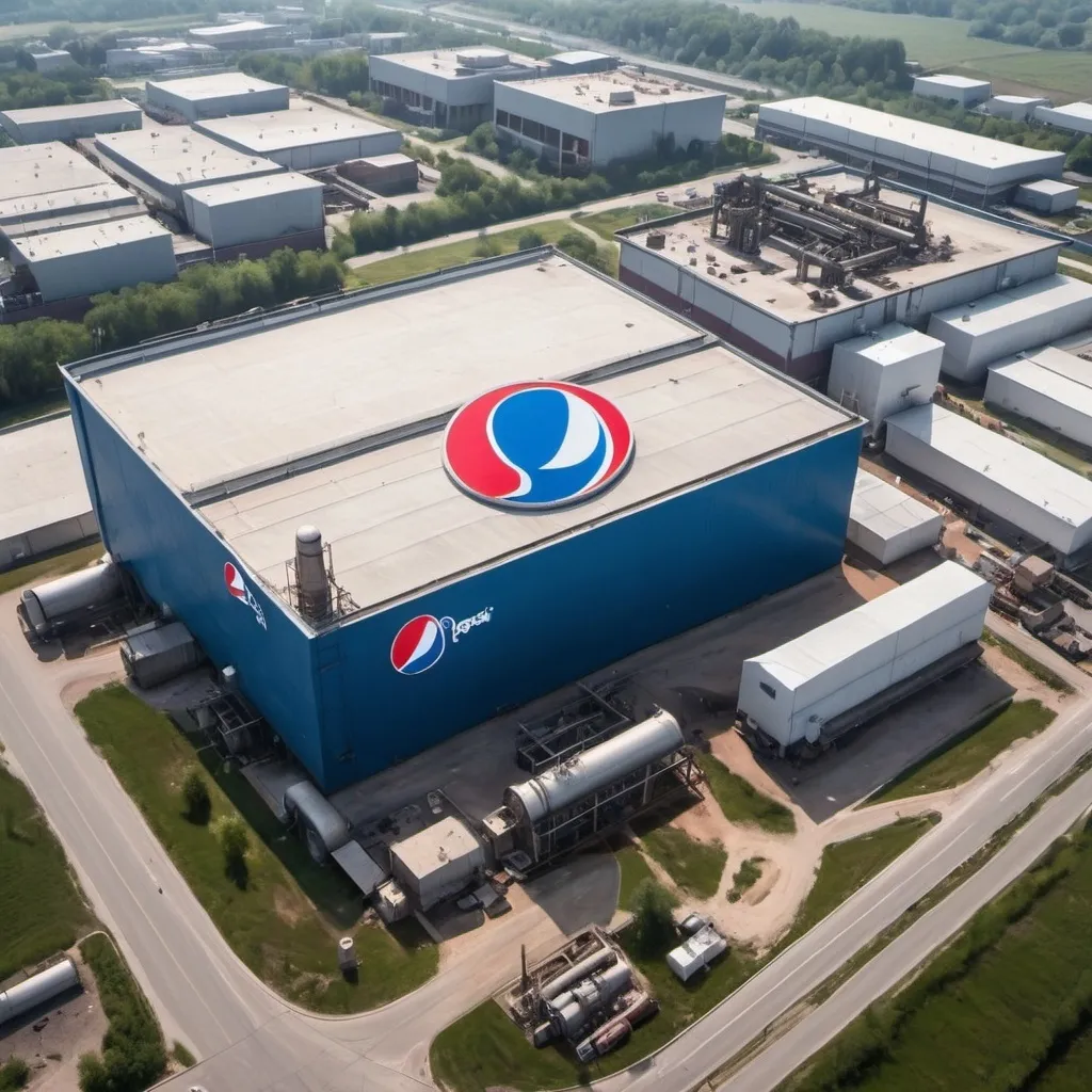 Prompt: Pepsi factory seen from above, have logo pepsi
