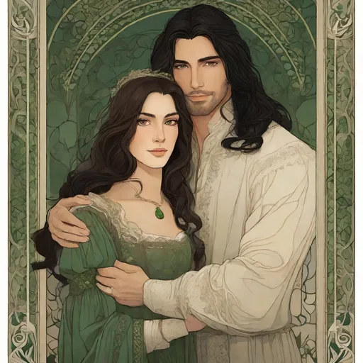 Prompt: A couple's portrait of a man with long, wavy, black hair, and brown eyes, embracing his wife who has long, straight, brown hair with side swept bangs, and green eyes. They both hold a boy with short blond hair and green eyes. The portrait is filigree framed and in an Abigail Larson style.