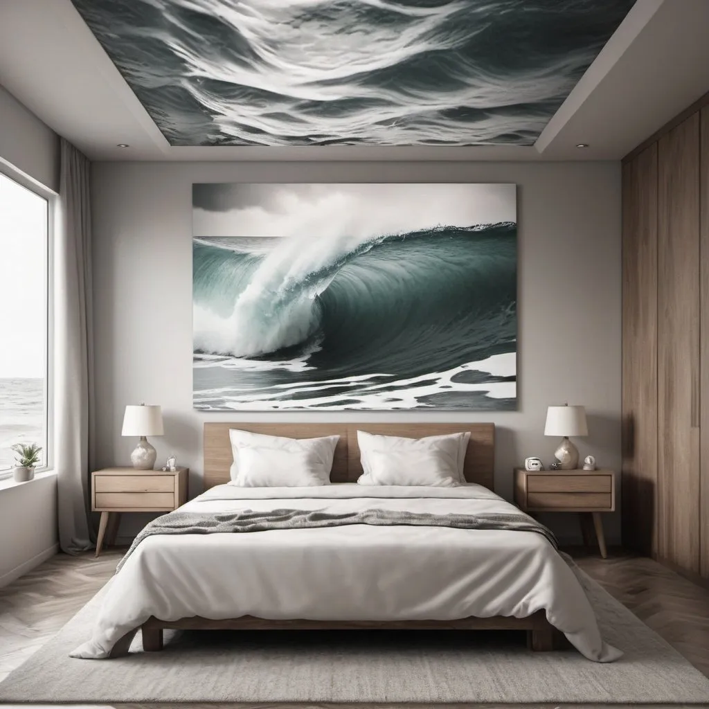 Prompt: super realistic photograph in the desaturated colors of a bedroom with water with waves breaking on the shore on the ceiling