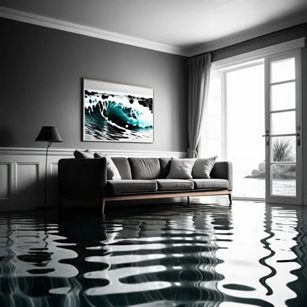 Prompt: super realistic photograph in the desaturated colors of a living room with water with small waves instead of floor