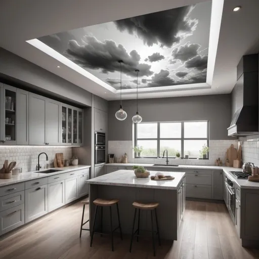 Prompt: super realistic photograph in the desaturated colors of a modern style kitchen with realistic clouds right under the ceiling