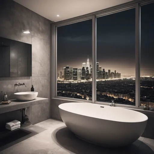 Prompt: super realistic photograph in the desaturated colors of a modern style bathroom with a large window size of a wall showing a view of a city at night
