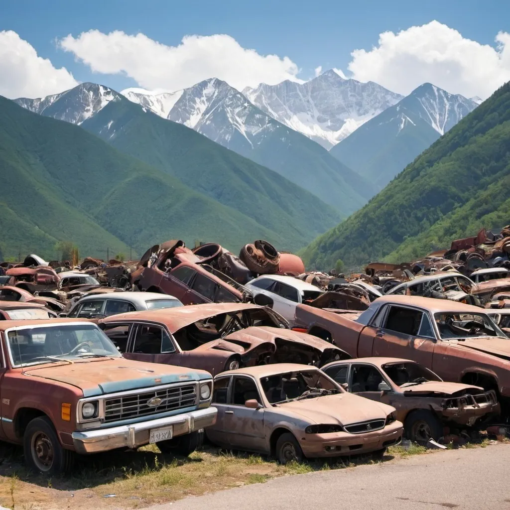 Prompt: junkyard with mountainous background
