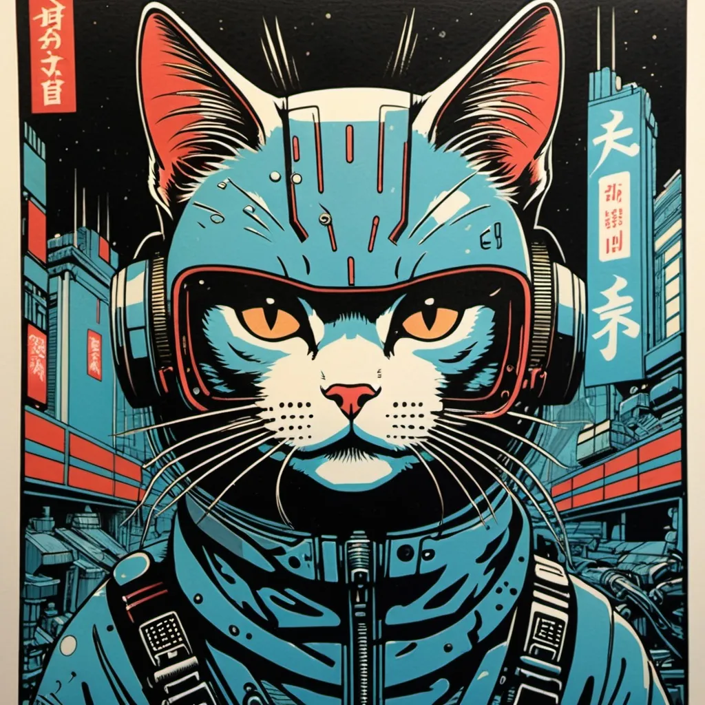 Prompt: Japanese woodblock print cyberpunk sci-fi cats namiko