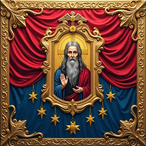 Prompt: A striking flag design features a rich red background accented with vivid gold elements. Central to the flag is a prominent icon-like image depicting a figure with long hair and a beard, embodying an expression of contemplation and wisdom. This figure is framed within a golden border adorned with abstract symbols and two angels at the top, enhancing the spiritual theme. The composition also includes yellow crosses and stars scattered across the blue field, contributing to a sense of balance and harmony. Overall, the flag conveys a mix of reverence and artistic flair, evoking a sense of tradition and faith. 
