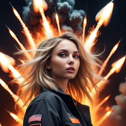 Prompt: Woman that looks like mia molkova in a malodic techno scene with futaristic background with rockets flying arround and her hair on fire