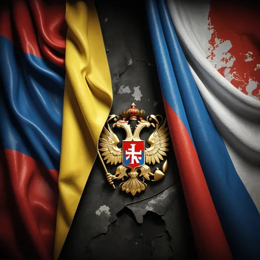 Prompt: (Russian flag and Ukrainian flag), dynamic contrast, (symbolic representation of conflict), vibrant colors, bold textures, dramatic lighting, emotional tension, visual encapsulation of national identities, high-resolution, cinematic detail, expressive background, evoking a sense of history and division, powerful imagery size of YouTube shorts,   Russian and Ukraine on top of flags names text put 2 solders at front more realism tank on top , flags sizes smaller , explosion