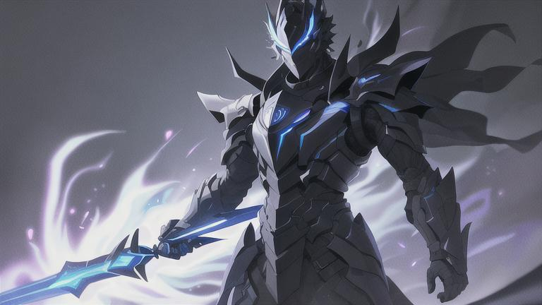 Prompt: a male character wearing full black armor with a black helmet with a light coming out of his eyes in a dark forest walking in the middle of blue fire