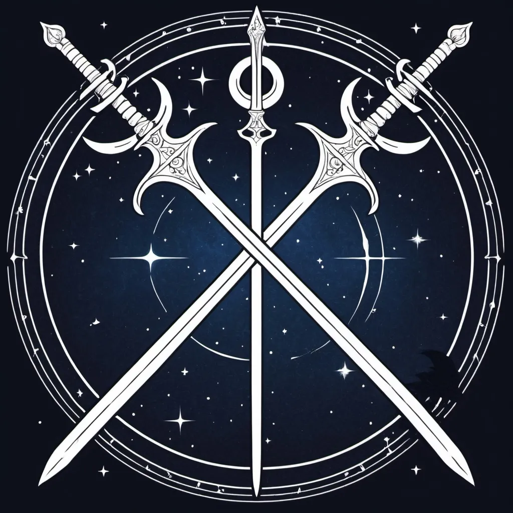 Prompt: Sigil of a night sky, with  a staff, and sword