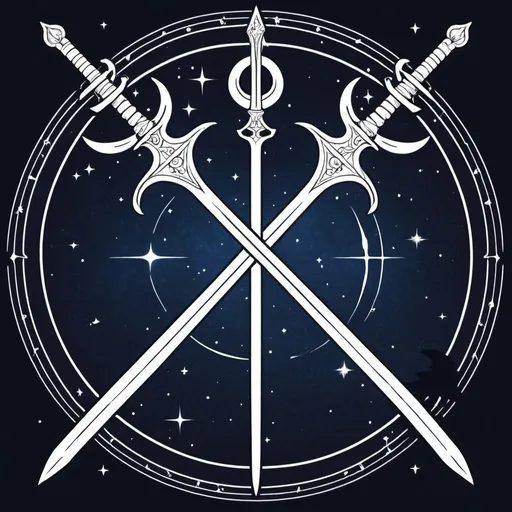 Prompt: Sigil of a night sky, with  a staff, and sword