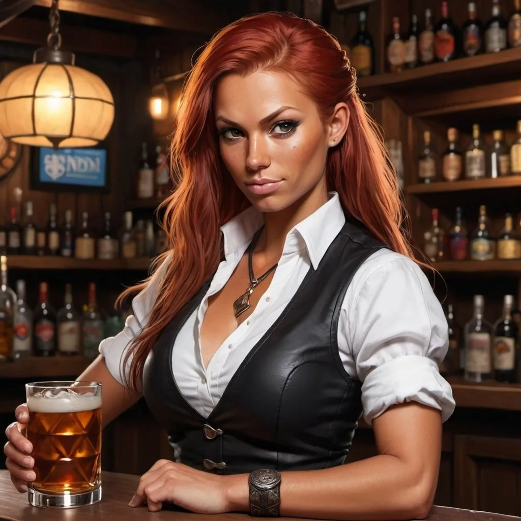 Prompt: tanned, Red haired, woman, Bartender, dnd tavern, fighter
