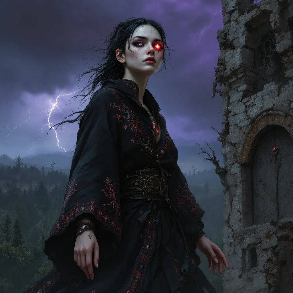 Prompt: pale skined, black haired, woman, one eye, red wizard, battleworn, dnd tower