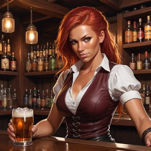 Prompt: tanned, Red haired, woman, Bartender, dnd tavern, fighter
