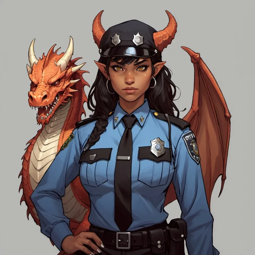 Prompt: Female, Half dragon, half demon, dnd, warlock, police uniform, tan skin