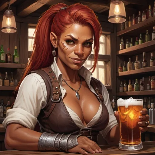 Prompt: tanned, Red haired, woman, half-orc,  brown skin, Bartender, dnd tavern