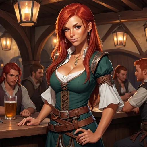 Prompt: tanned, Red haired, woman
, dnd tavern, date clothes