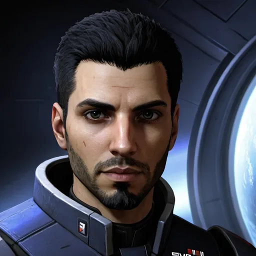 Prompt: mass effect, engineer, male, black
 hair, trimmed beard