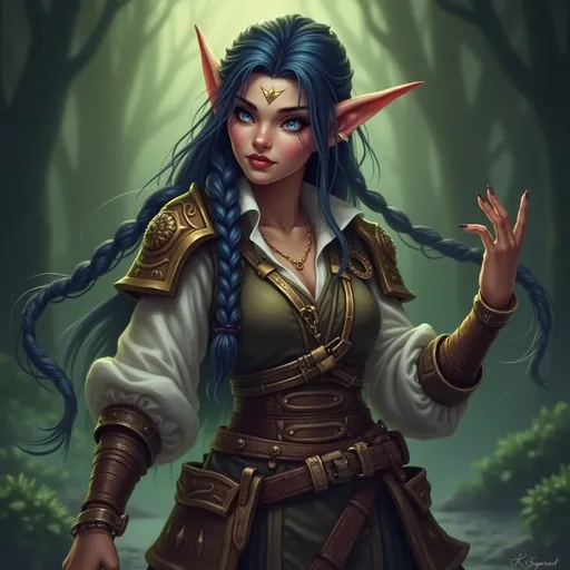 Prompt: World of Warcraft Night Elf, Merchant, Long braided hair, super shy