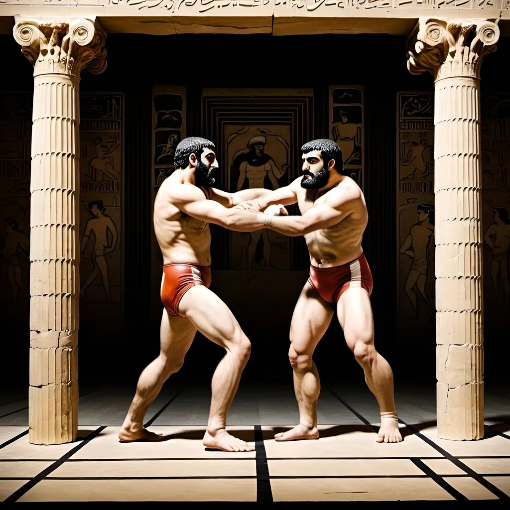 Prompt: Please make me a wrestling mat with two athletes wrestling against the backstage of the columns of Persepolis