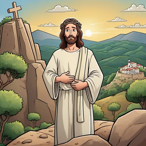 Prompt: Cartoon Jesus Cristo sentado no monte das oliveiras