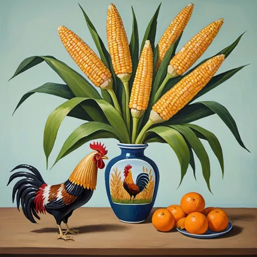 Prompt: Create a painting of a vase filled with corn on the cob and stalks in the style of Clementine Hunter. The vase is off center and next to it is a large rooster. The painting must include Clementine Hunter's signature at the bottom right.