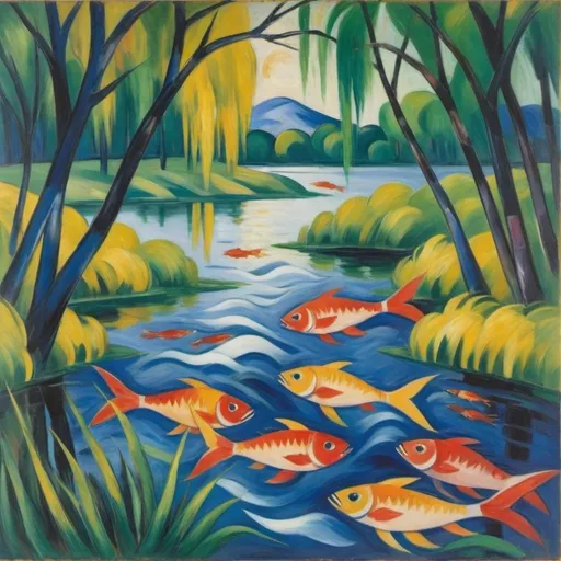 Prompt: An Expressionist painting in the style of Franz Marc that shows a school of fish in a lake surrounded by willow trees.  The painting style is high quality and has bold colors.