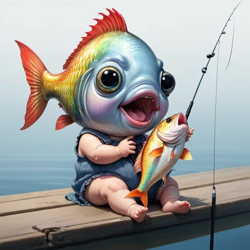 Prompt: A fish with a fishing pole is sitting at the edge of a pier fishing.  The fish looks like it is holding the rod with its fin.  The fishing line that the fish is holding ends with a big hook. A human baby is seen with the big hook through its mouth.  The fish is highly anthropomorphic of a bass.  The baby has a single kewpie doll curl on its head and is crying tears.  The drawing is high quality and the dorsal fin is rainbow colored.