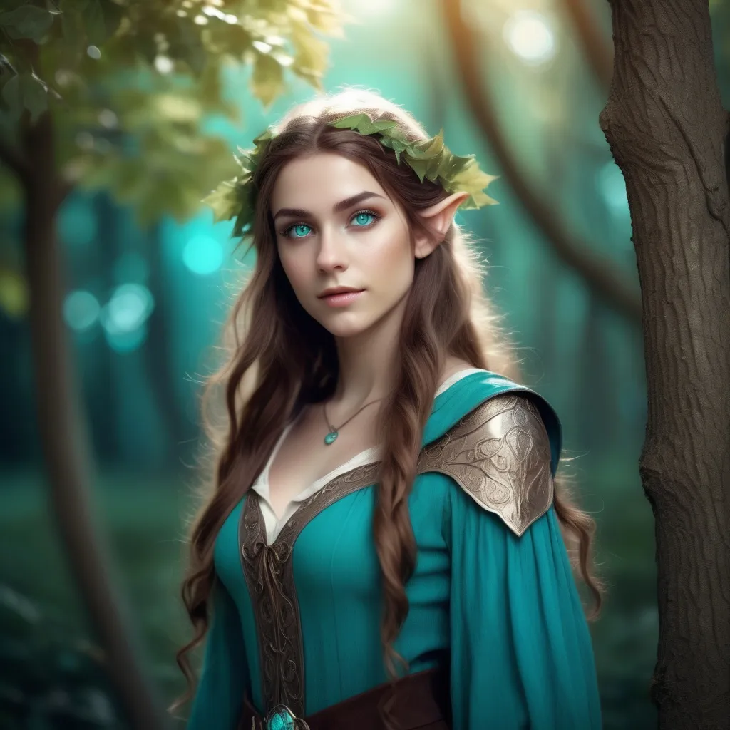 Prompt: (fantasy art) female elf, standing tall, long wavy brown hair, (turquoise eyes), round attractive face, average build, (soft lighting outdoors), polaroid style, (character reference sheet), (high-quality, ultra-detailed), 2mm focal length, shot with canon 5D, ethereal atmosphere, graceful pose, enchanting background with trees and soft foliage around her, inviting ambiance of serenity and magic.