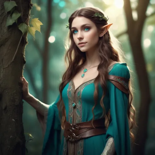 Prompt: (fantasy art) female elf, standing tall, long wavy brown hair, (turquoise eyes), round attractive face, average build, (soft lighting outdoors), polaroid style, (character reference sheet), (high-quality, ultra-detailed), 2mm focal length, shot with canon 5D, ethereal atmosphere, graceful pose, enchanting background with trees and soft foliage around her, inviting ambiance of serenity and magic.