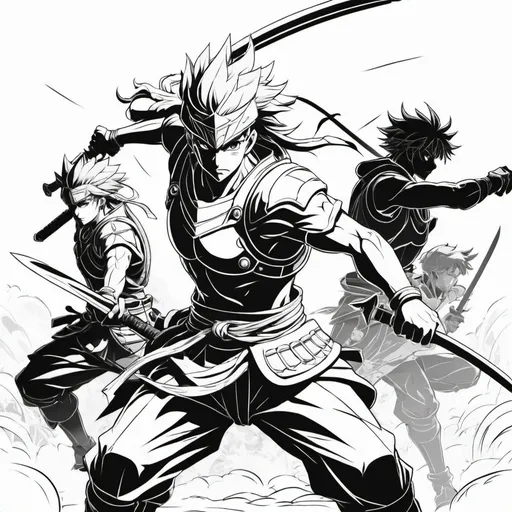 Prompt: Design monochrome outline illustrations of an anime warrior in action with his Friends. 