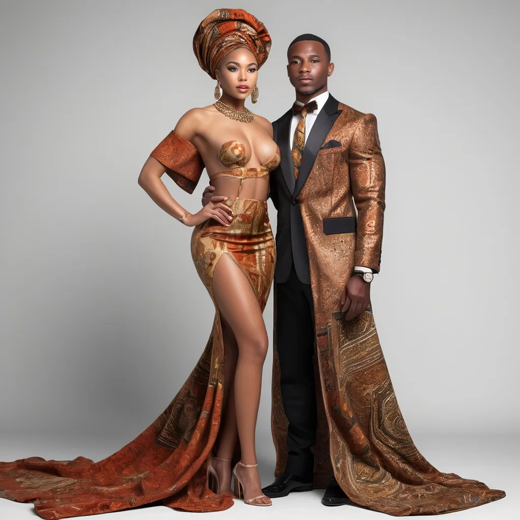 Prompt: Ultra Realistic, Mixed Race Couple. Sensual look, full body image, rep carpet, gala,  african attire clothes,